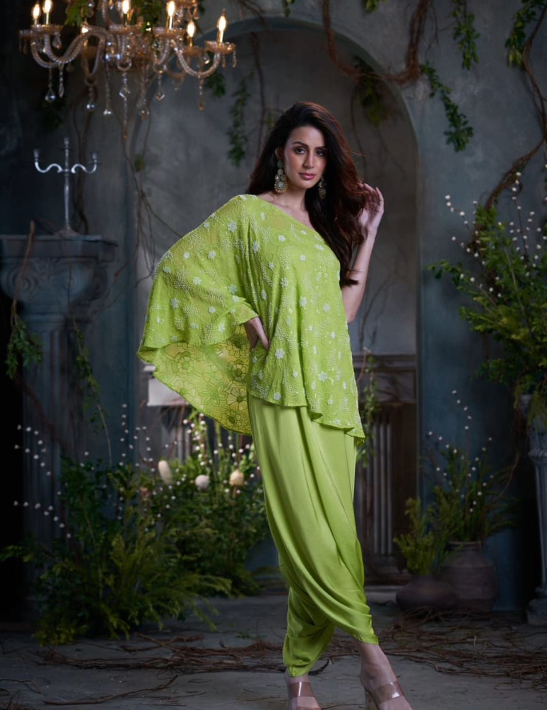 Green Georgette & Silk Beaded One Shoulder Top With Jumper