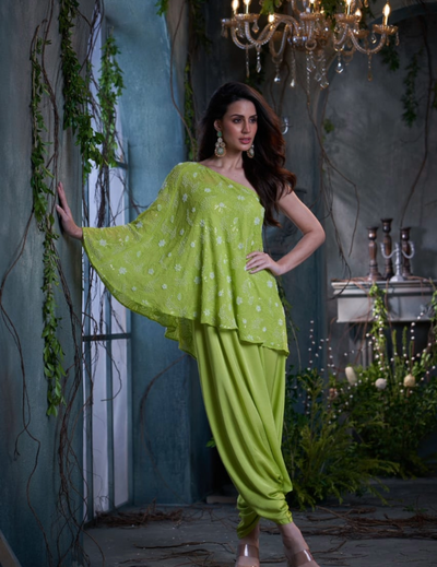 Green Georgette & Silk Beaded One Shoulder Top With Jumper