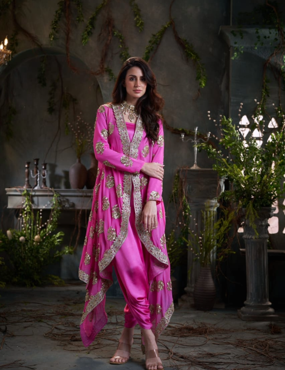 Pink Georgette & Silk Embroidered Jacket With Jumper