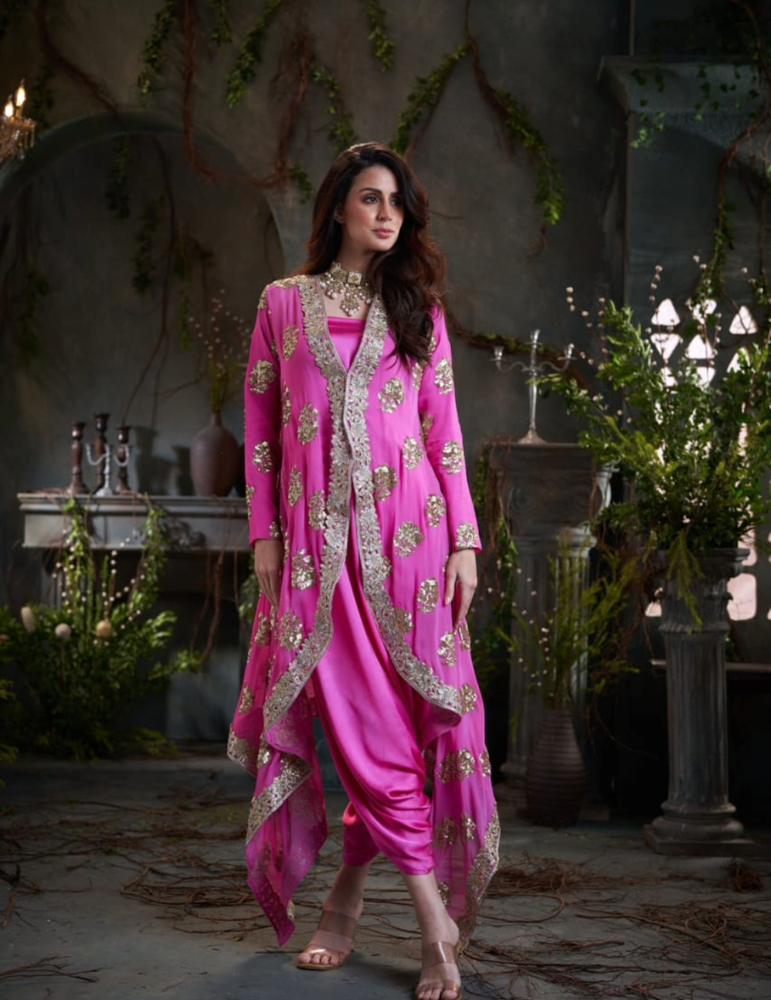 Pink Georgette & Silk Embroidered Jacket With Jumper