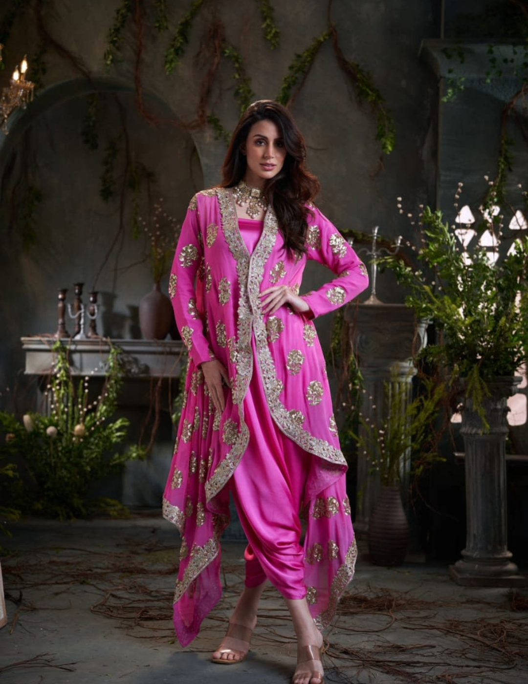 Pink Georgette & Silk Embroidered Jacket With Jumper