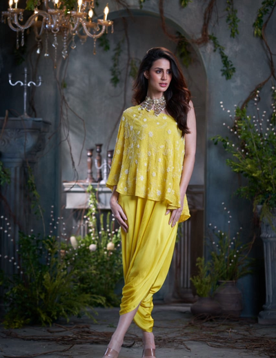 Yellow Georgette & Silk Beaded One Shoulder Top With Jumper