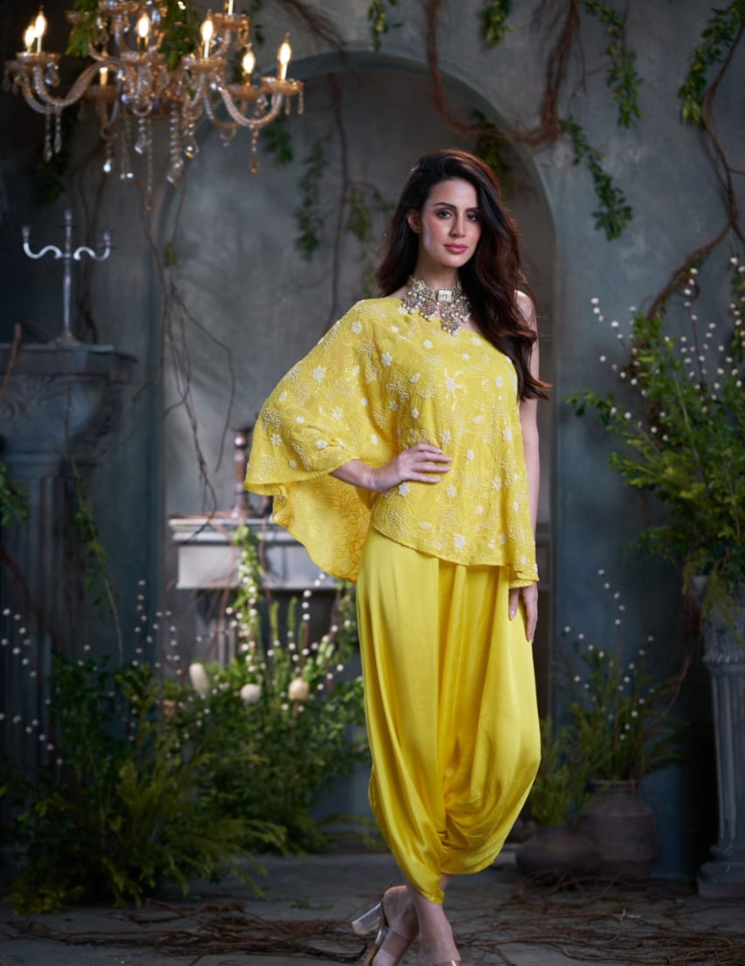 Yellow Georgette & Silk Beaded One Shoulder Top With Jumper