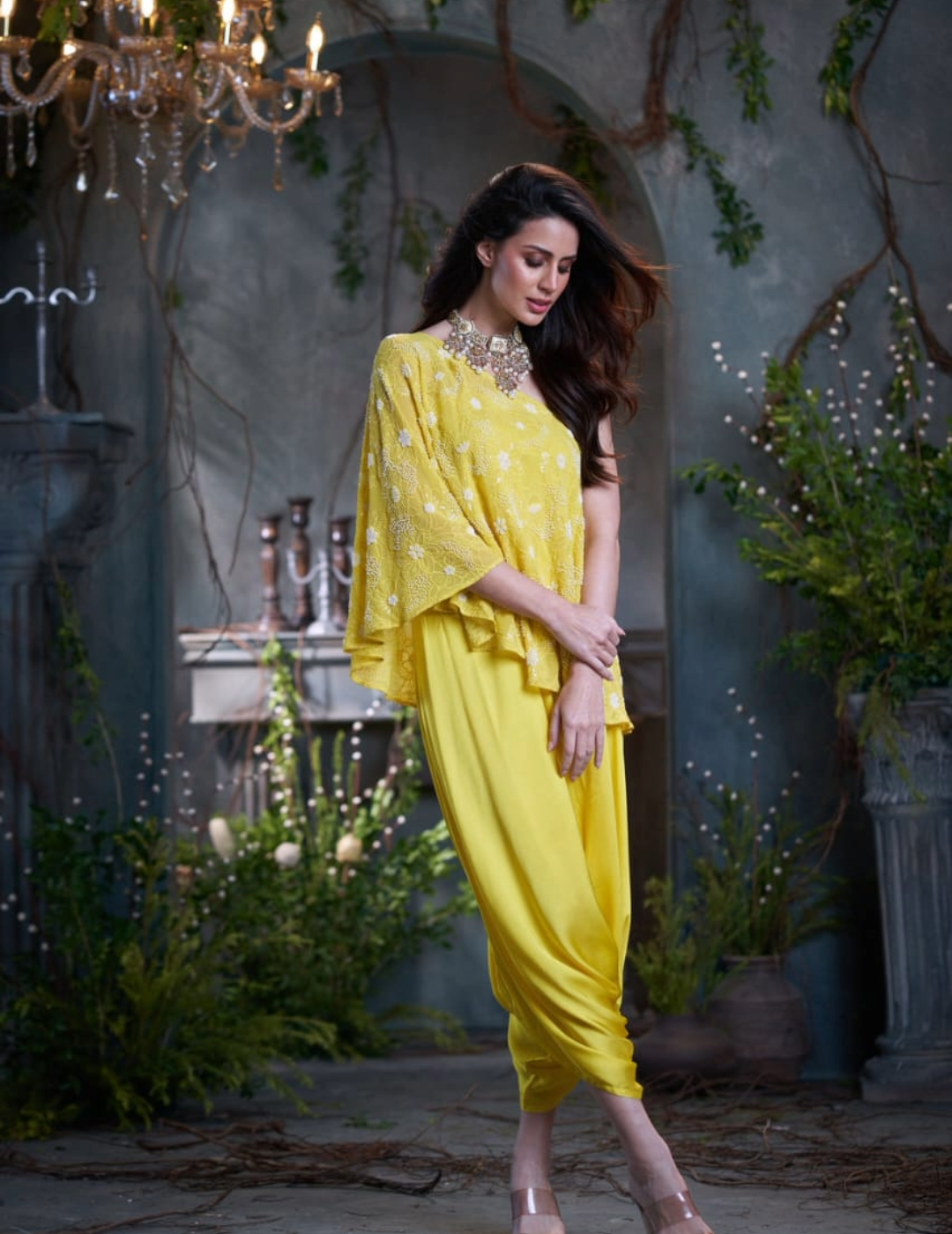 Yellow Georgette & Silk Beaded One Shoulder Top With Jumper