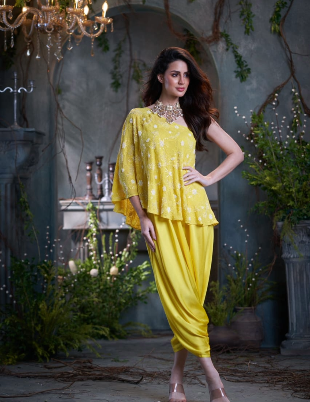 Yellow Georgette & Silk Beaded One Shoulder Top With Jumper