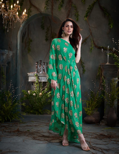 Green One Shoulder Embroidered Georgette Midi Dress