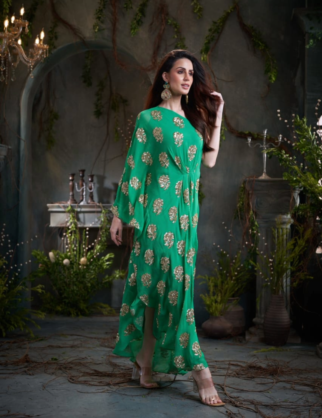 Green One Shoulder Embroidered Georgette Midi Dress