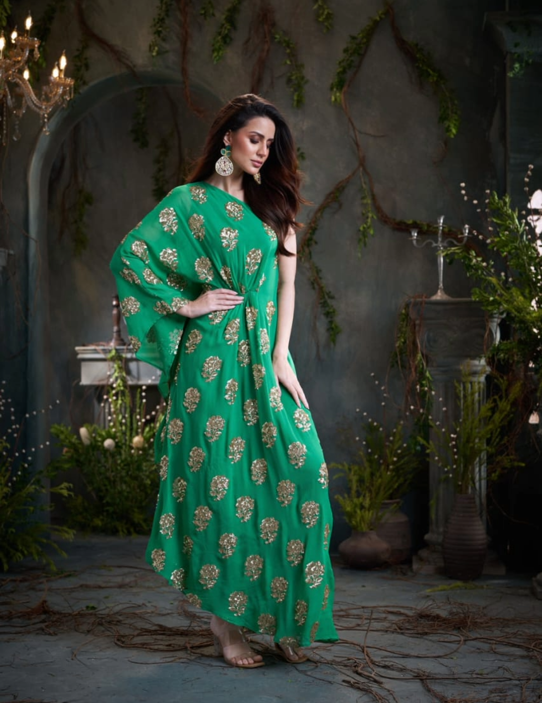 Green One Shoulder Embroidered Georgette Midi Dress