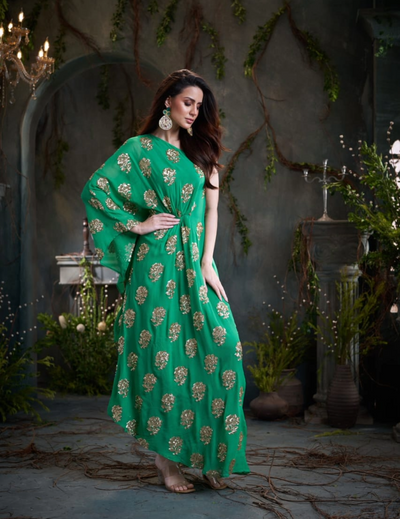 Green One Shoulder Embroidered Georgette Midi Dress