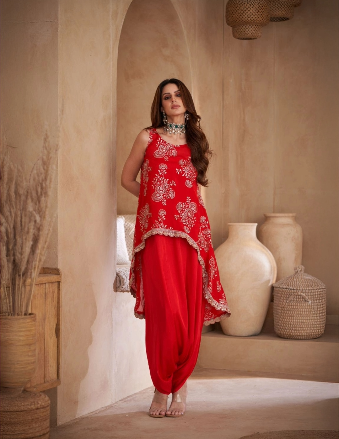 Red Chinon & Modal Satin Embroidered set
