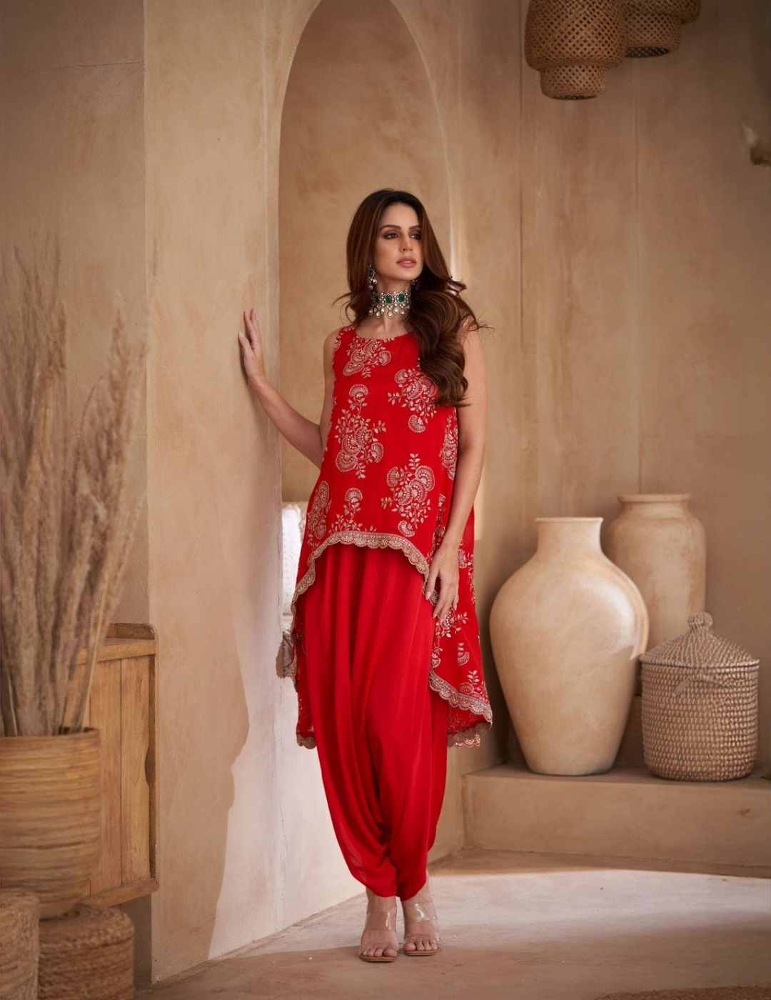 Red Chinon & Modal Satin Embroidered set