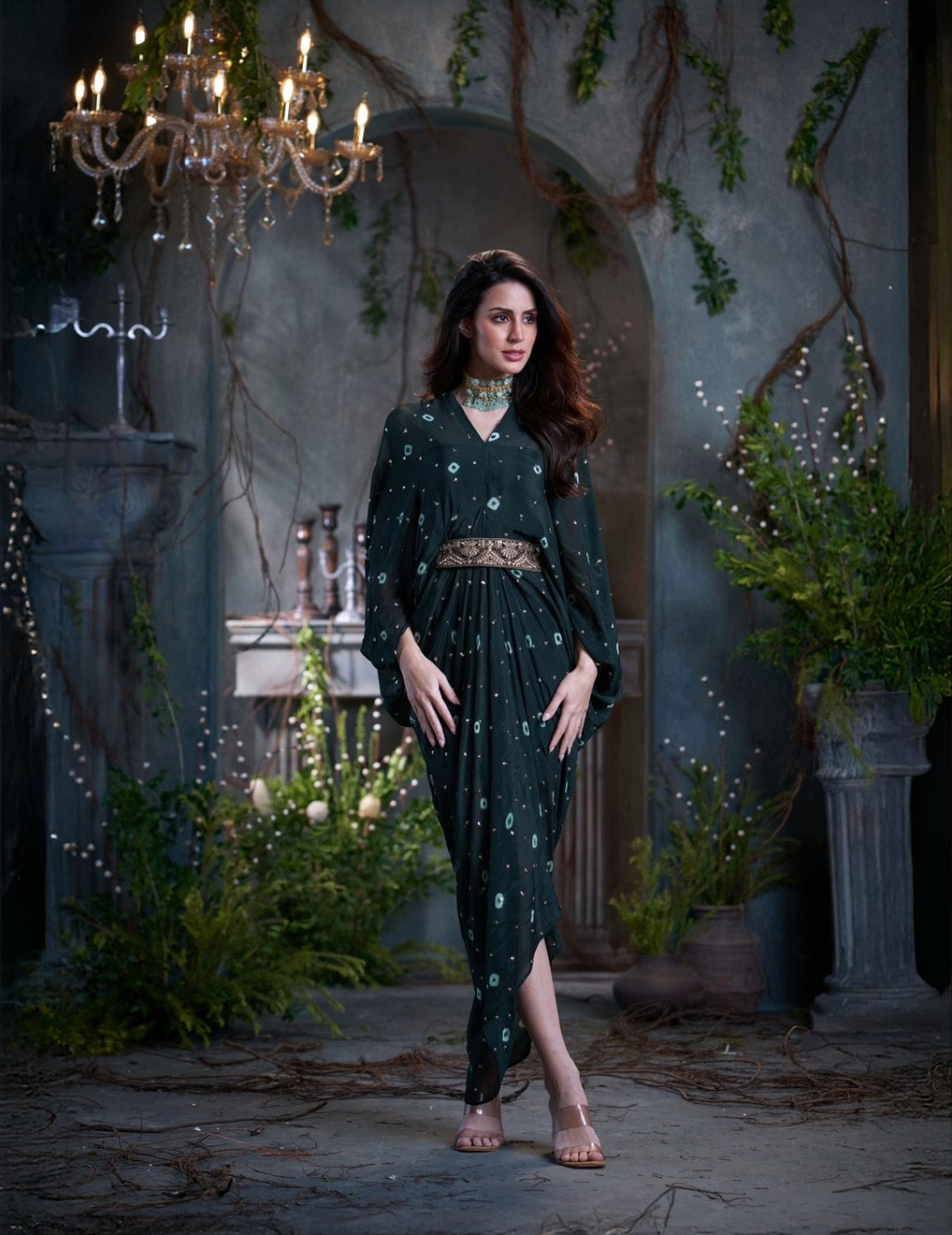 Bottle Green Chinon Embroidered Midi Dress