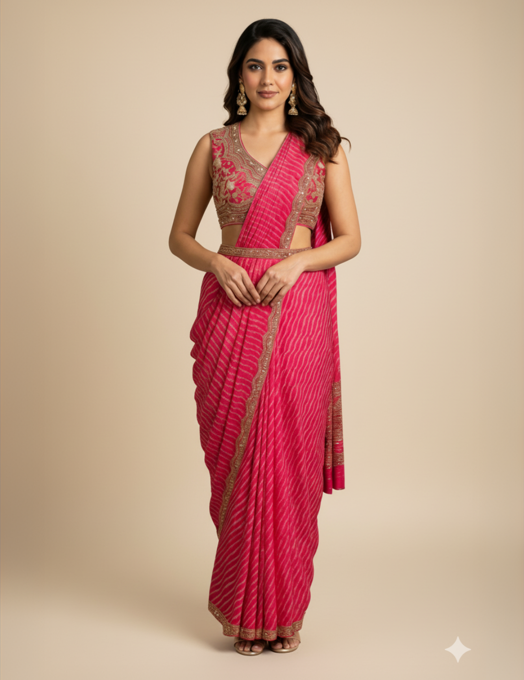 Pink & Golden Bandhi Saree with Blouse and Belt