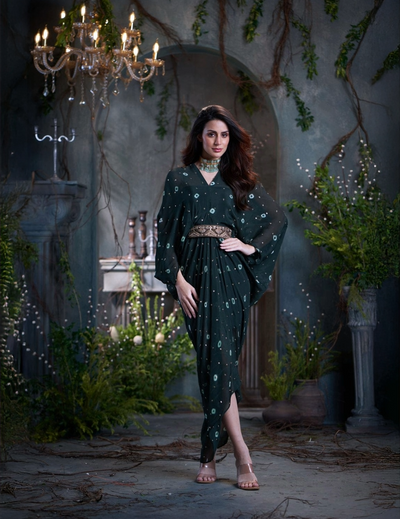 Bottle Green Chinon Embroidered Midi Dress