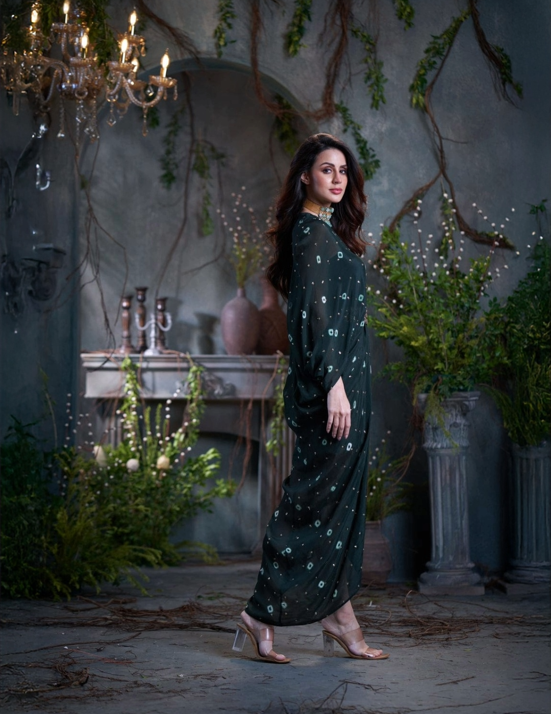 Bottle Green Chinon Embroidered Midi Dress