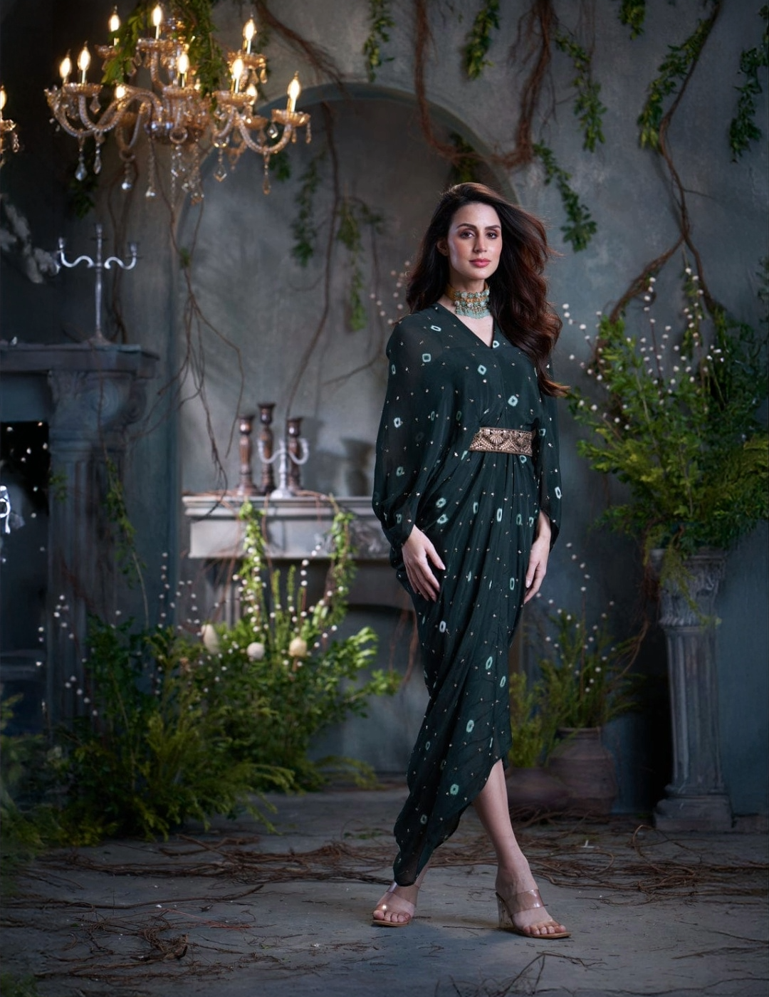 Bottle Green Chinon Embroidered Midi Dress