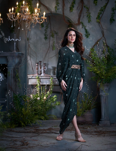 Bottle Green Chinon Embroidered Midi Dress