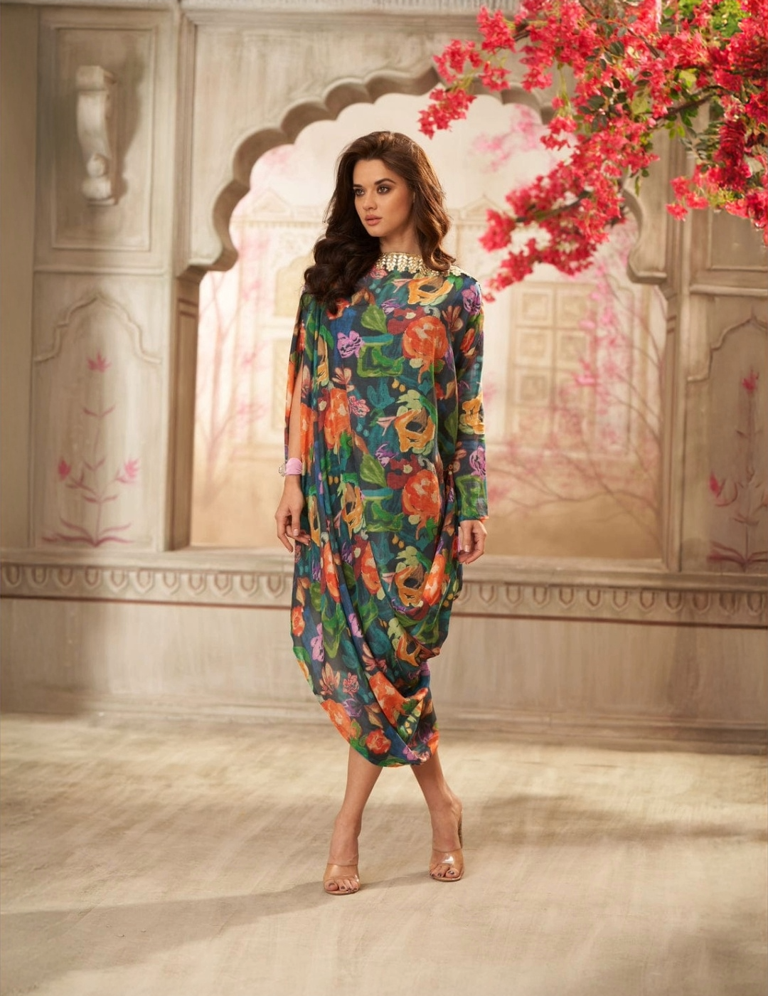 Cotton Dark Floral Printed Boat Neck Draped Dress