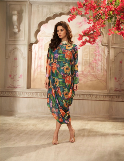 Cotton Dark Floral Printed Boat Neck Draped Dress