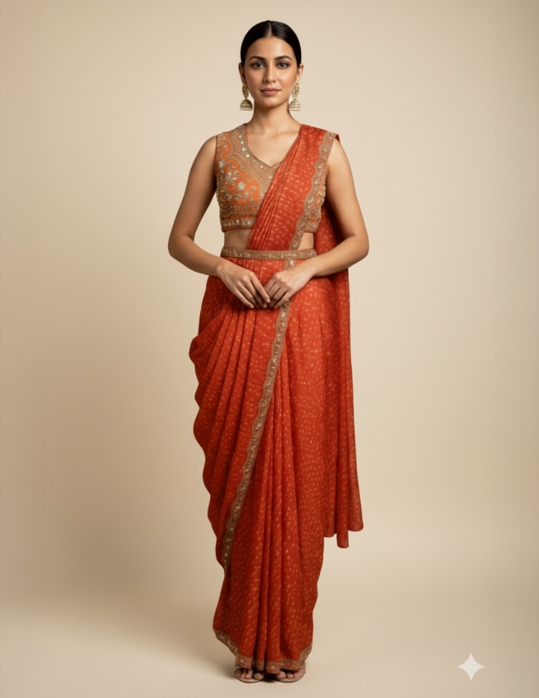 Red & Golden Bandhi Saree with Blouse and Belt