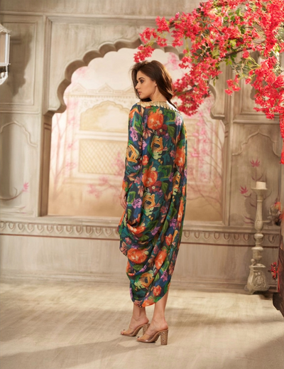 Cotton Dark Floral Printed Boat Neck Draped Dress