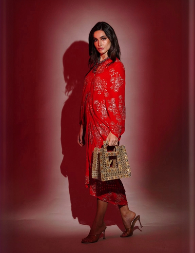 Red Chinon Embroidered Midi Dress