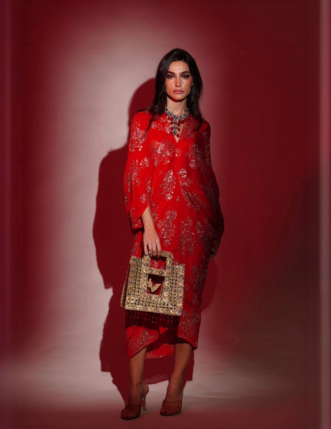 Red Chinon Embroidered Midi Dress