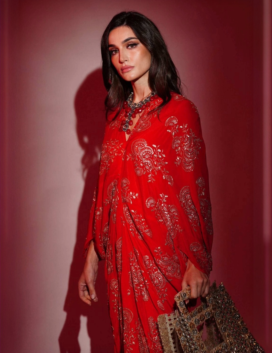 Red Chinon Embroidered Midi Dress