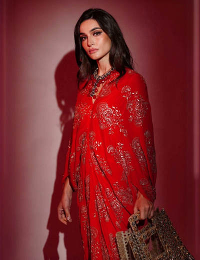 Red Chinon Embroidered Midi Dress