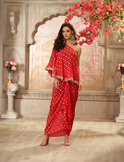 Red Chinon One Shoulder Top With Front Pleated Skirt