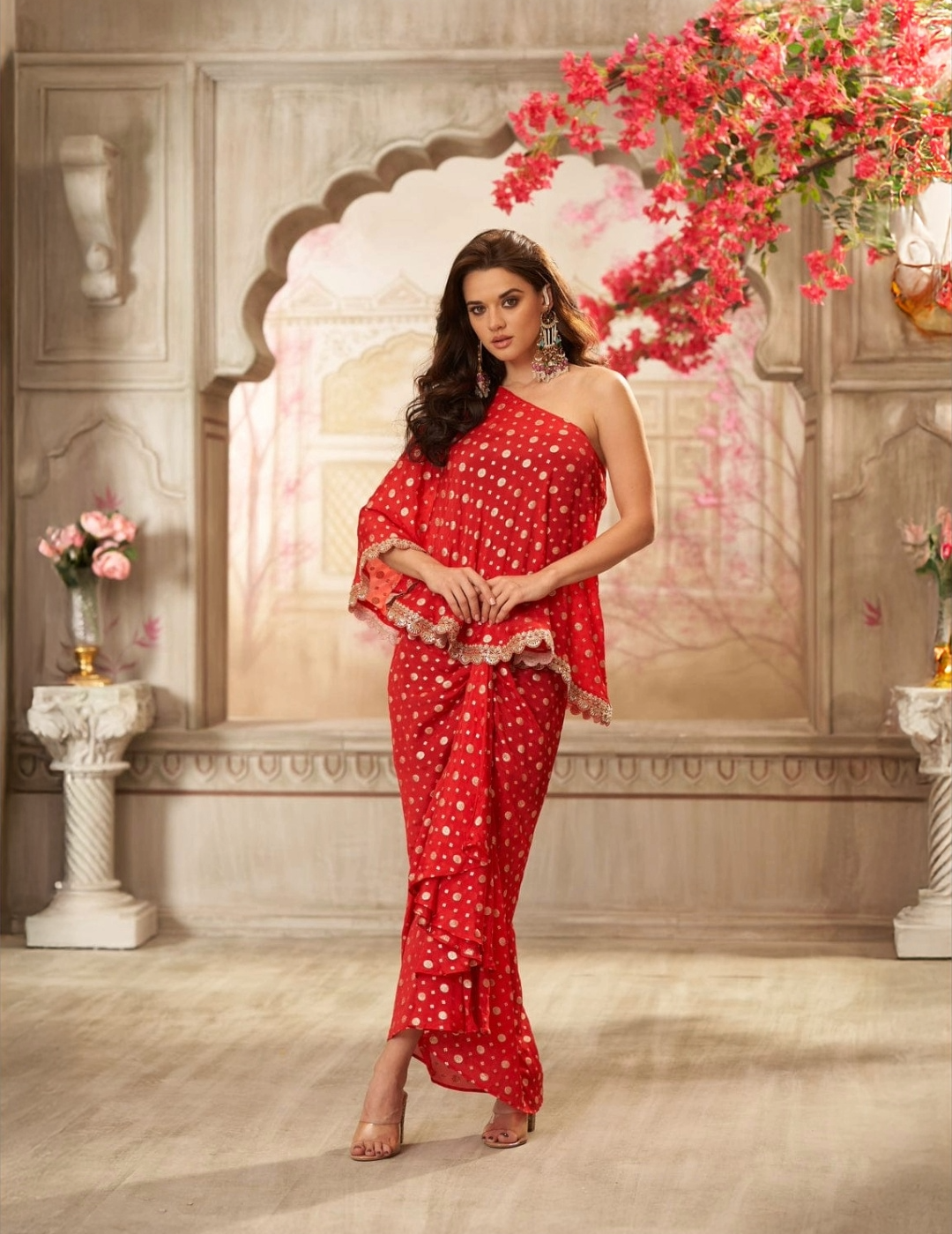 Red Chinon One Shoulder Top With Front Pleated Skirt