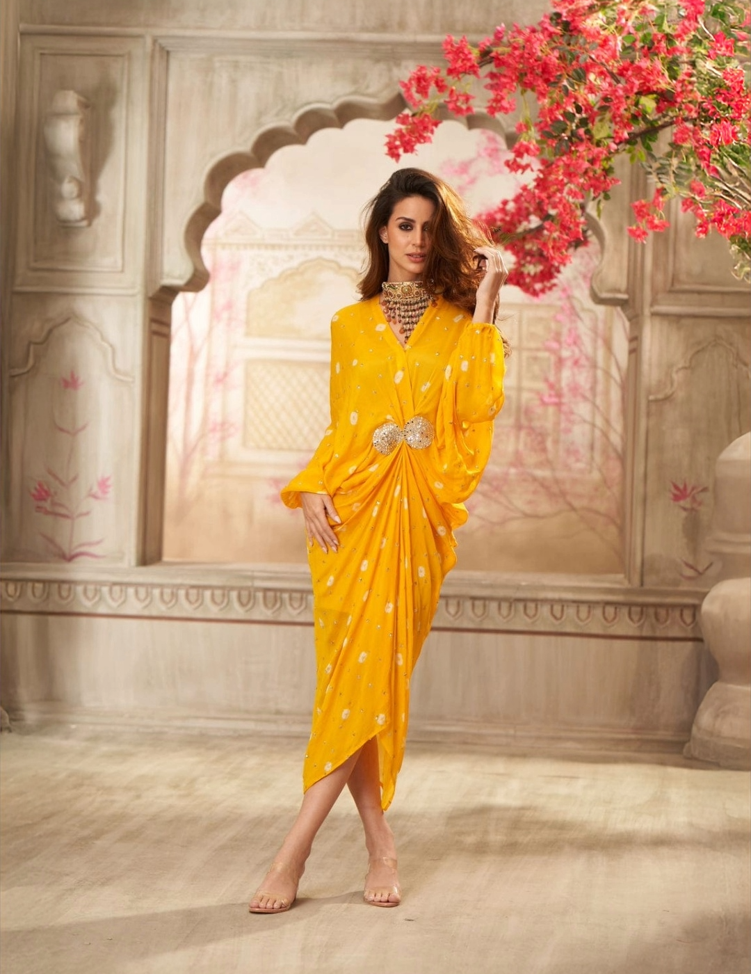 Yellow Chinon Pleated Embroidered Midi Dress