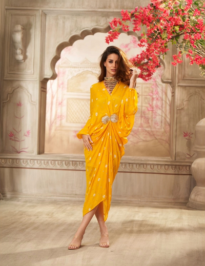 Yellow Chinon Pleated Embroidered Midi Dress