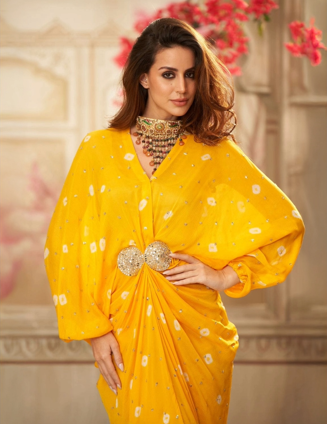 Yellow Chinon Pleated Embroidered Midi Dress