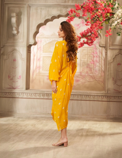 Yellow Chinon Pleated Embroidered Midi Dress