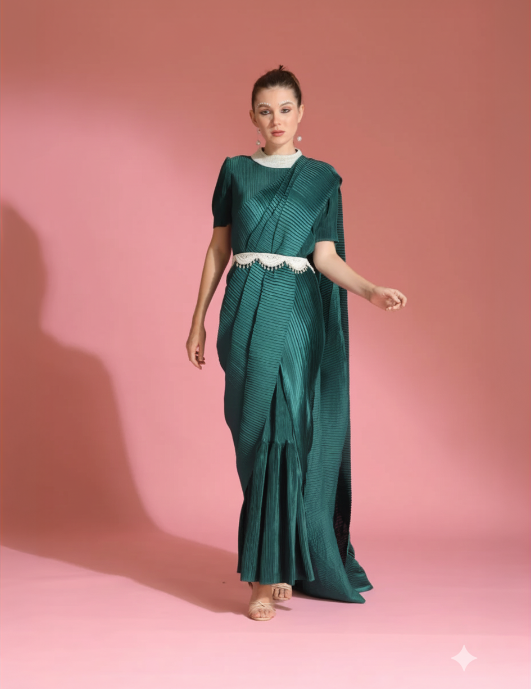 Green Saree Embroidered Neck Blouse With Belt