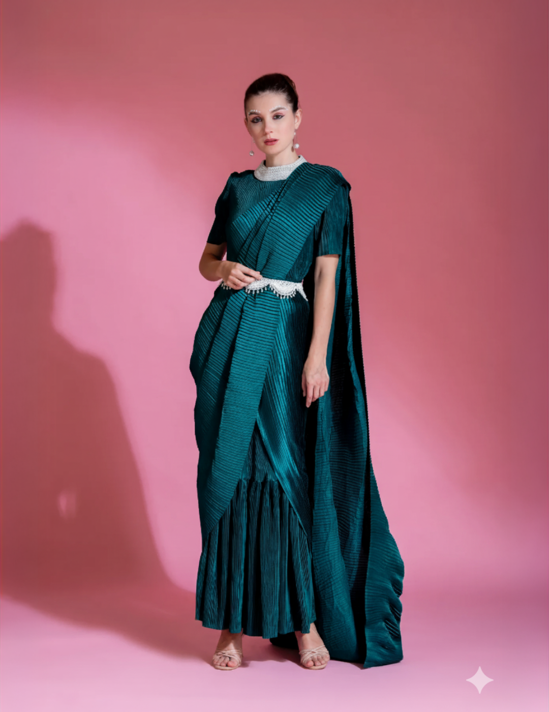 Green Saree Embroidered Neck Blouse With Belt