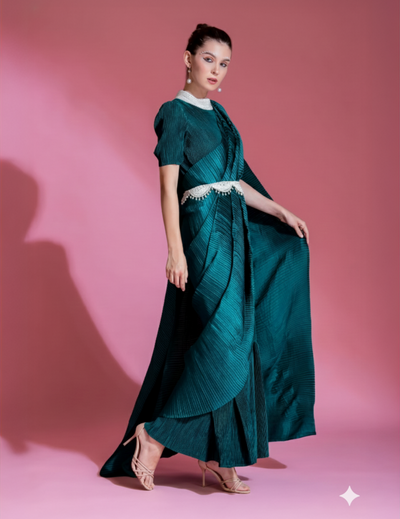 Green Saree Embroidered Neck Blouse With Belt