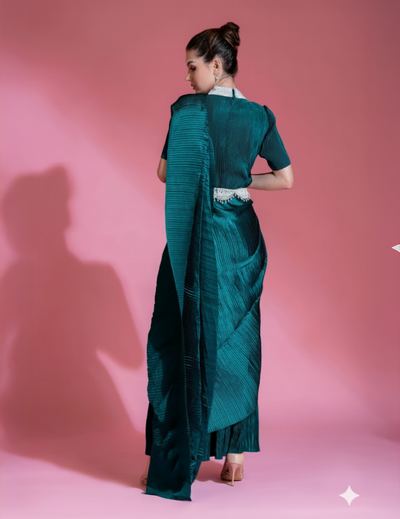 Green Saree Embroidered Neck Blouse With Belt