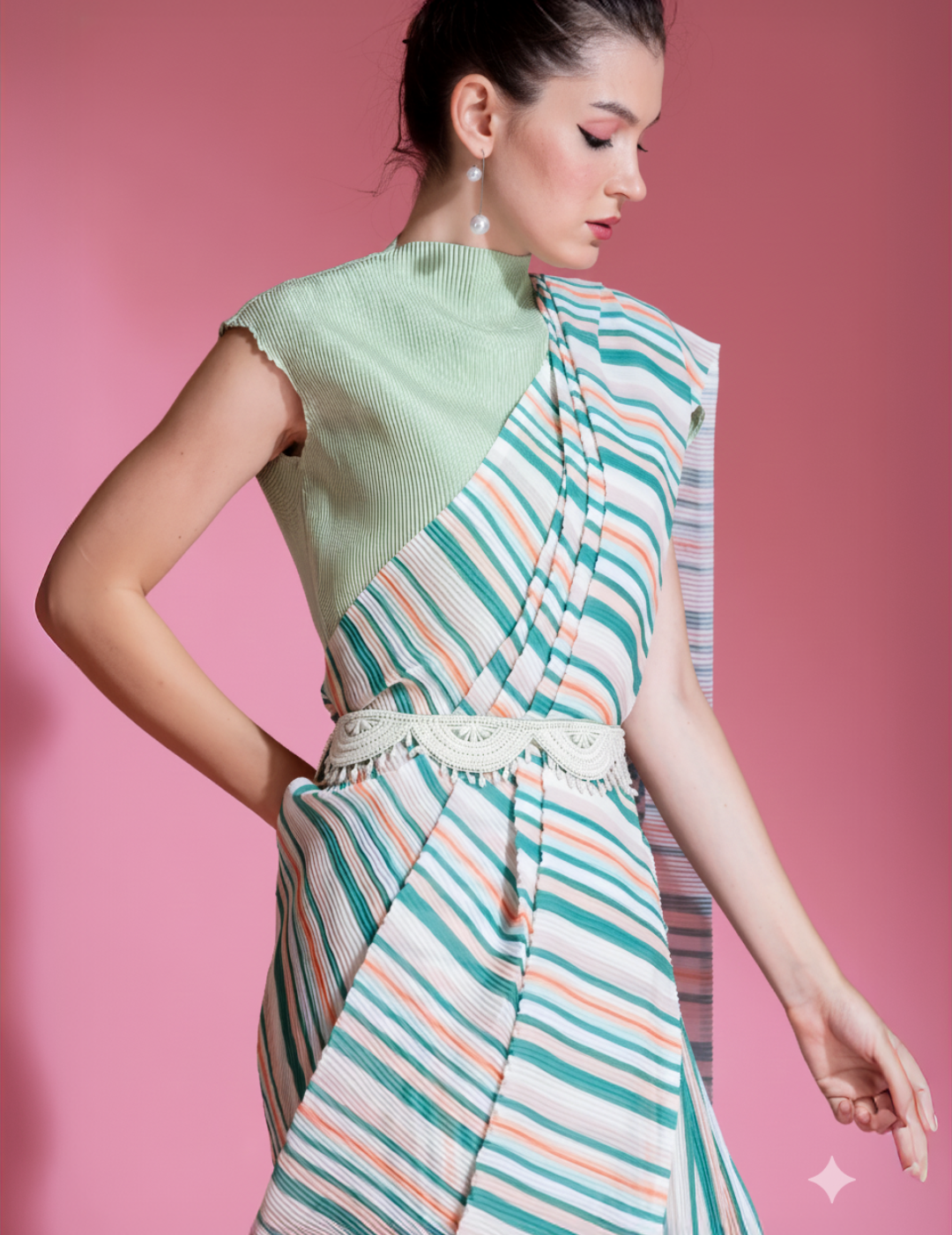 Pre-Draped Sea Foam Green Pleated saree