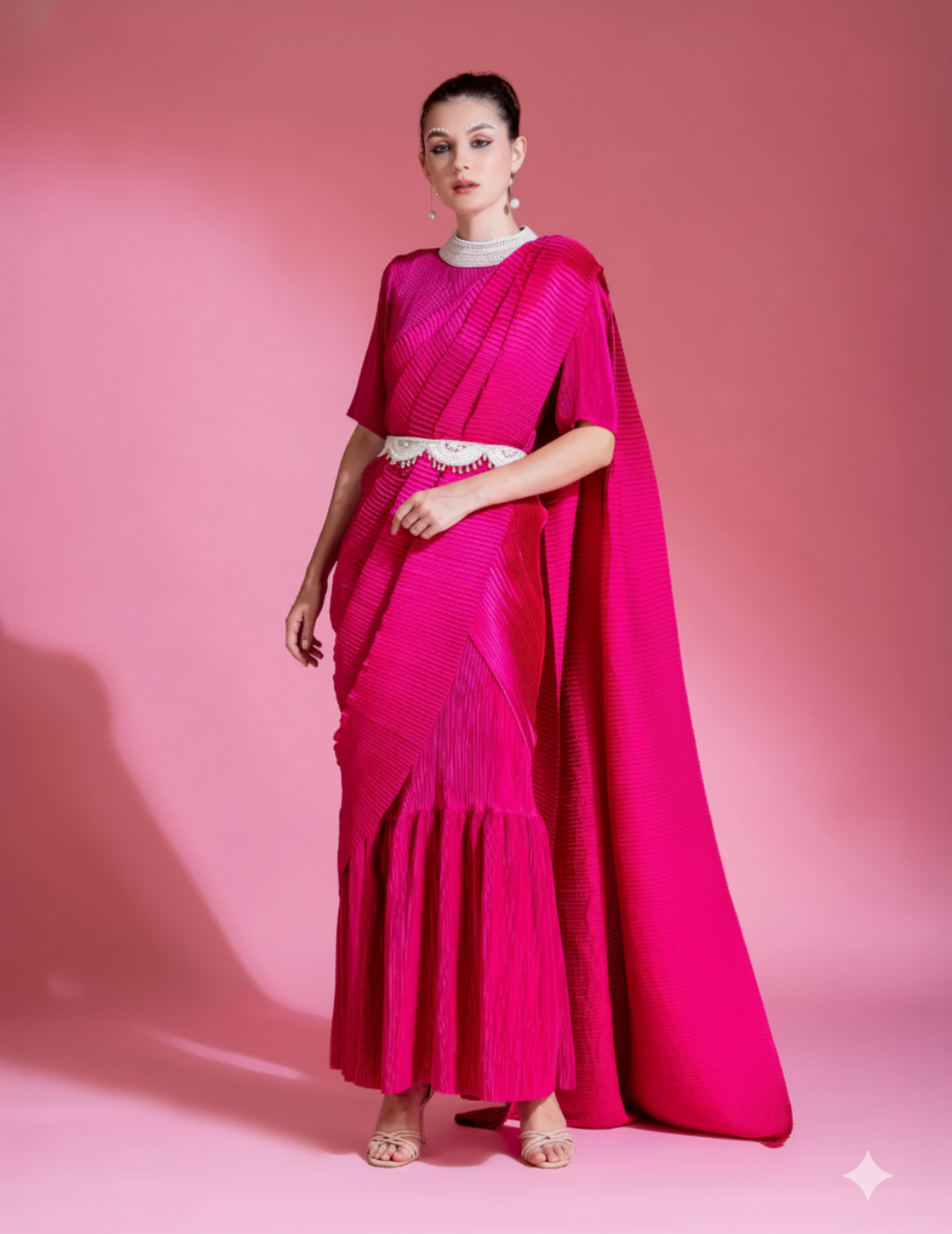 Hot Pink Saree Embroidered Neck Blouse Witb Belt