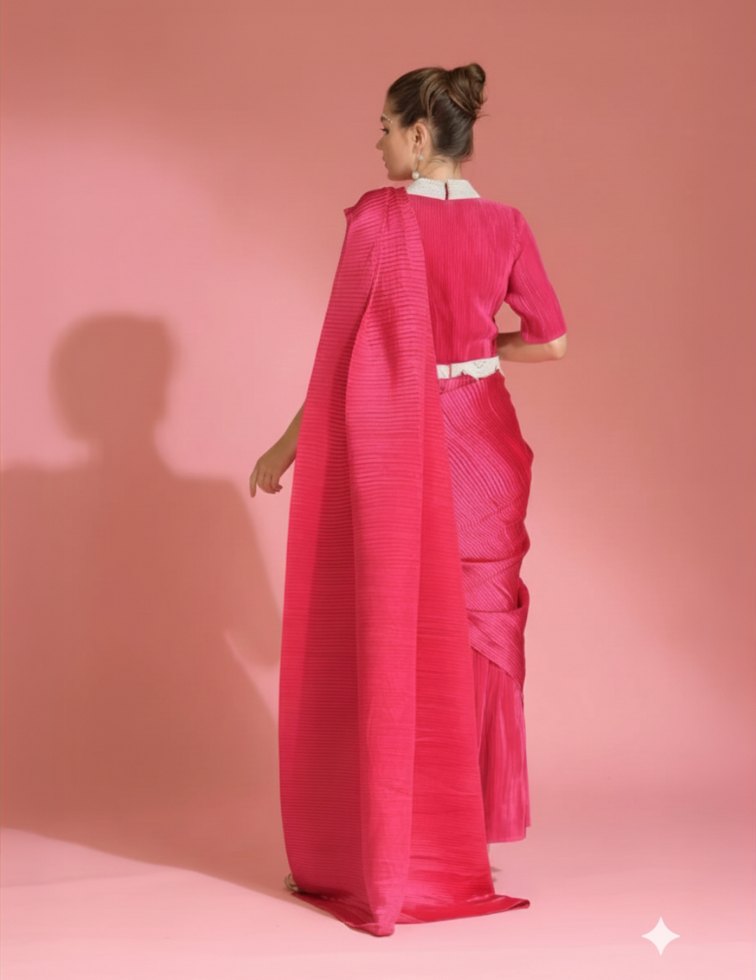 Hot Pink Saree Embroidered Neck Blouse Witb Belt