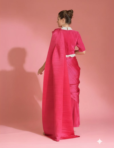 Hot Pink Saree Embroidered Neck Blouse Witb Belt