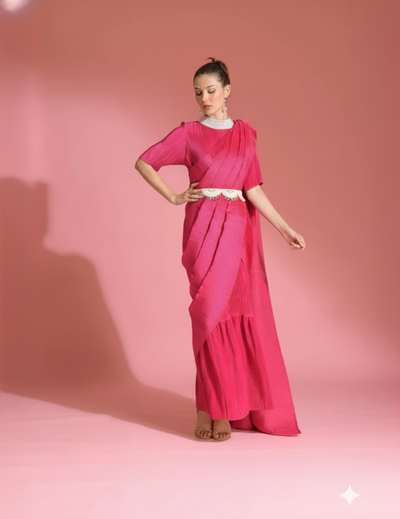 Hot Pink Saree Embroidered Neck Blouse Witb Belt