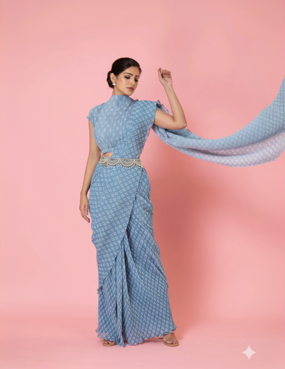 Pre-Draped Ash Grey Digital Print Saree