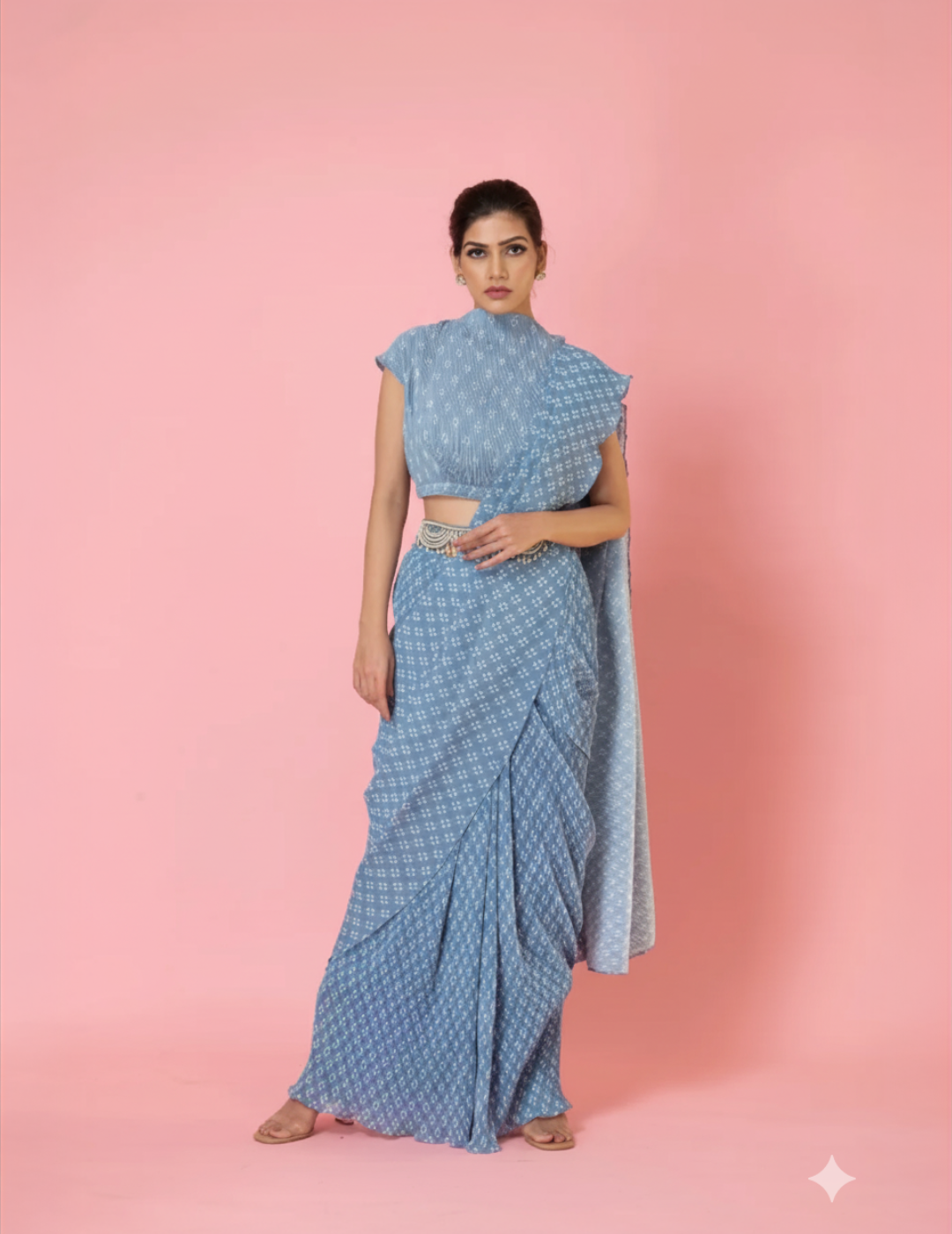 Pre-Draped Ash Grey Digital Print Saree