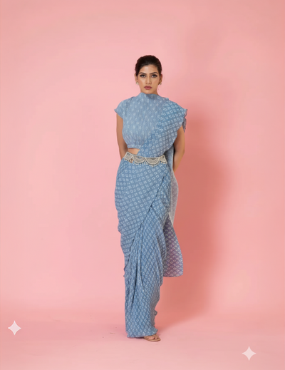 Pre-Draped Ash Grey Digital Print Saree