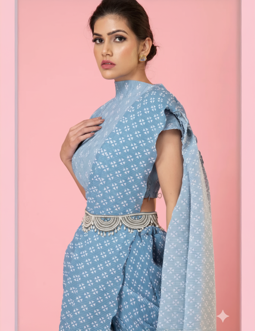 Pre-Draped Ash Grey Digital Print Saree