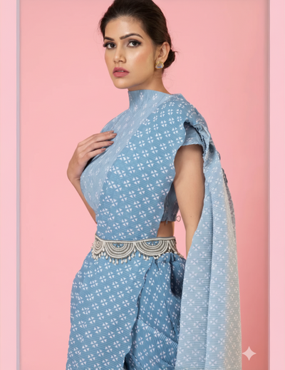 Pre-Draped Ash Grey Digital Print Saree