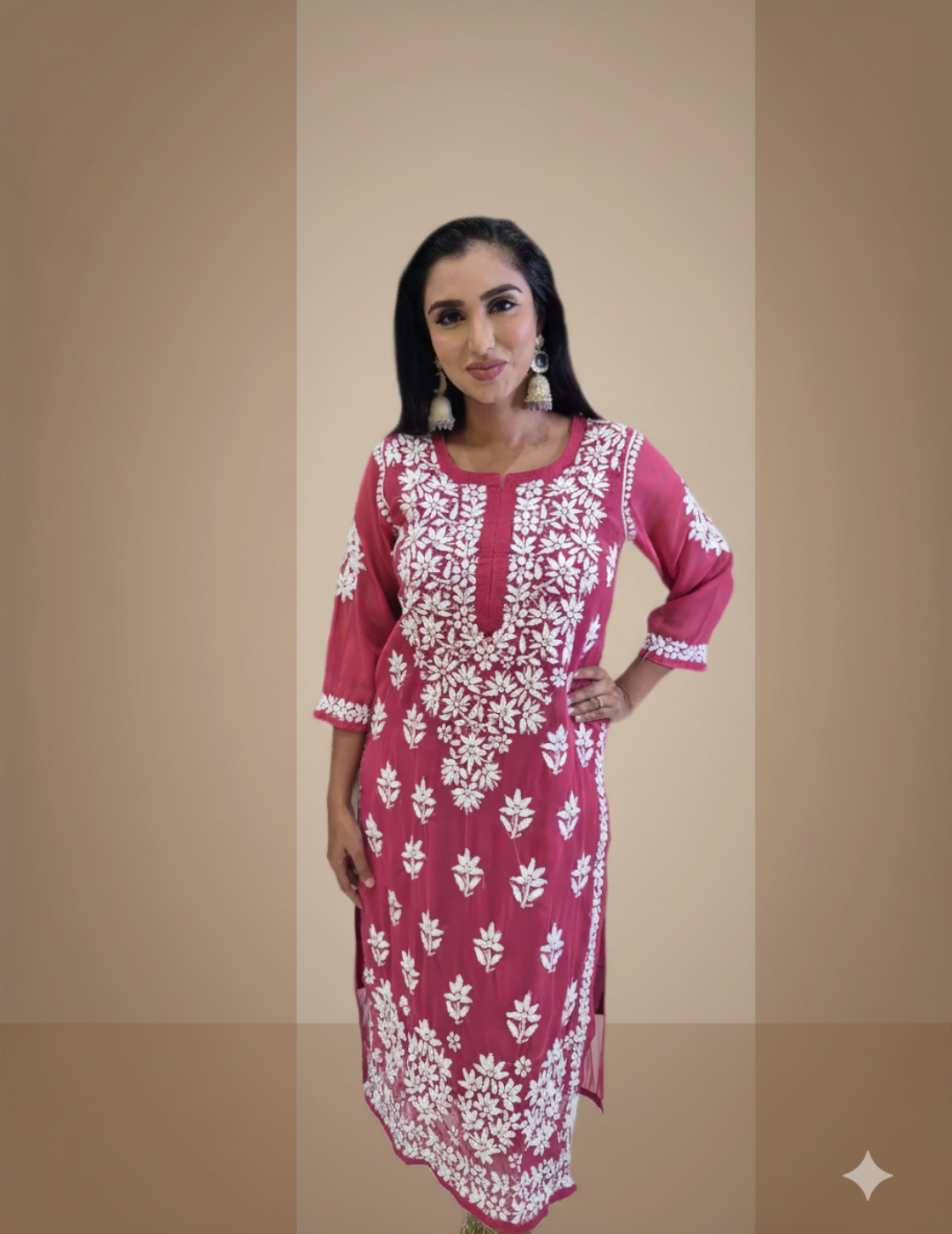 粉色 Chikankari 直筒 Kurta